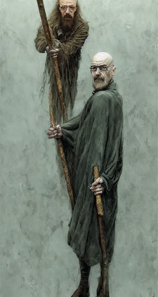 Prompt: Walter White as Saruman holding a staff by Esao Andrews and Karol Bak and Zdzislaw Beksinski