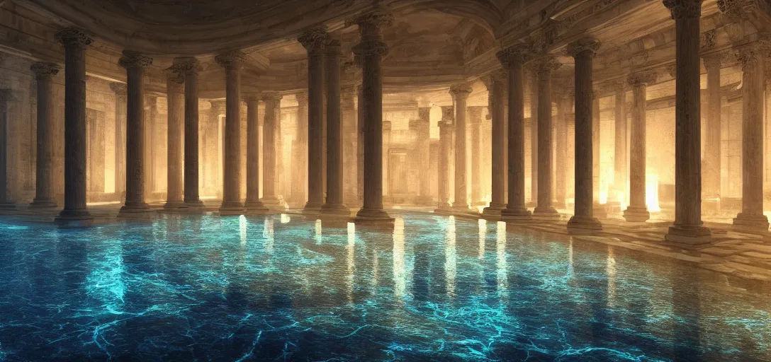 Image similar to dramatic photo of underground roman interior, ambient occlusion, glowing pool of water with realistic light refraction, caustics, making the pillars glow, ancient marble statues, raytracing, unreal engine, dramatic lighting, detailed,, global illumination, god rays, 3 d artstation by greg rutowski and jessica rossier