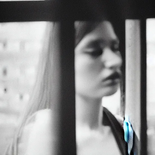 Image similar to black and white fashion photography portrait of a beautiful depressed Woman with detailed face standing by the window, natural light, film grain, soft vignette, sigma 85mm f/1.4 1/10 sec shutter