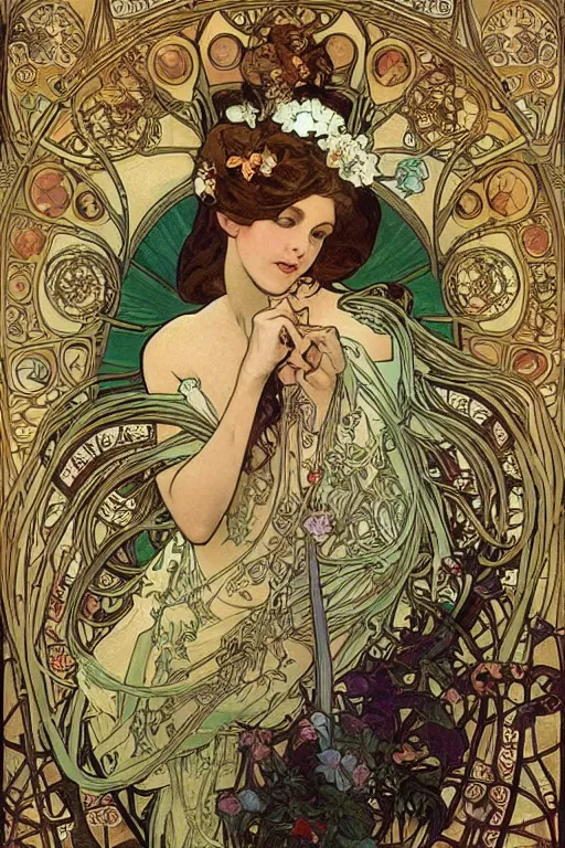 Image similar to lots of bugs and jewels by alphonse mucha. Art Nouveau