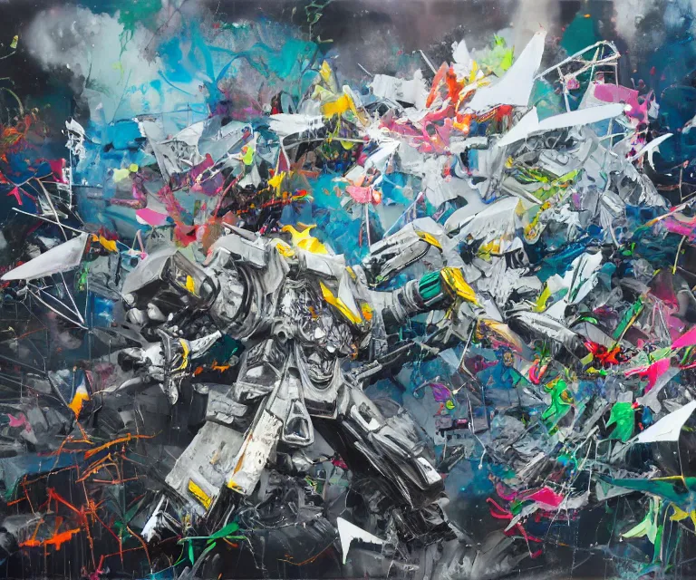 Prompt: acrylic and spraypaint of a giant mechwarriors battling mid - air, explosions, metal shards, graffiti wildstyle, large brush strokes, painting, paint drips, acrylic, clear shapes, spraypaint, smeared flowers, origami crane drawings, large triangular shapes, painting by ashley wood, totem 2, jeremy mann, masterpiece