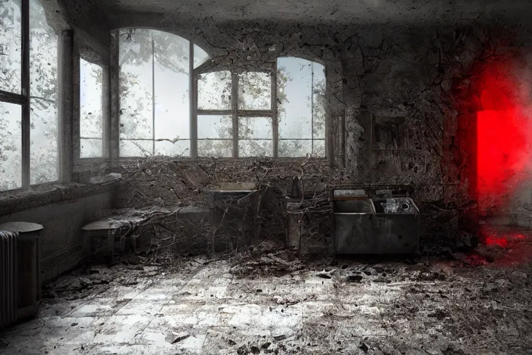 Image similar to A ghostly figure, standing in the middle of a ruined, abandoned, polish mansion kitchen, seen from inside. Pitch black darkness, A strong red keylight is the only lightsource. Smoke. Dirt, leaves on ground. Octane render. Substance painter. Zbrush. Trending on artstation. 8K. Highly detailed.