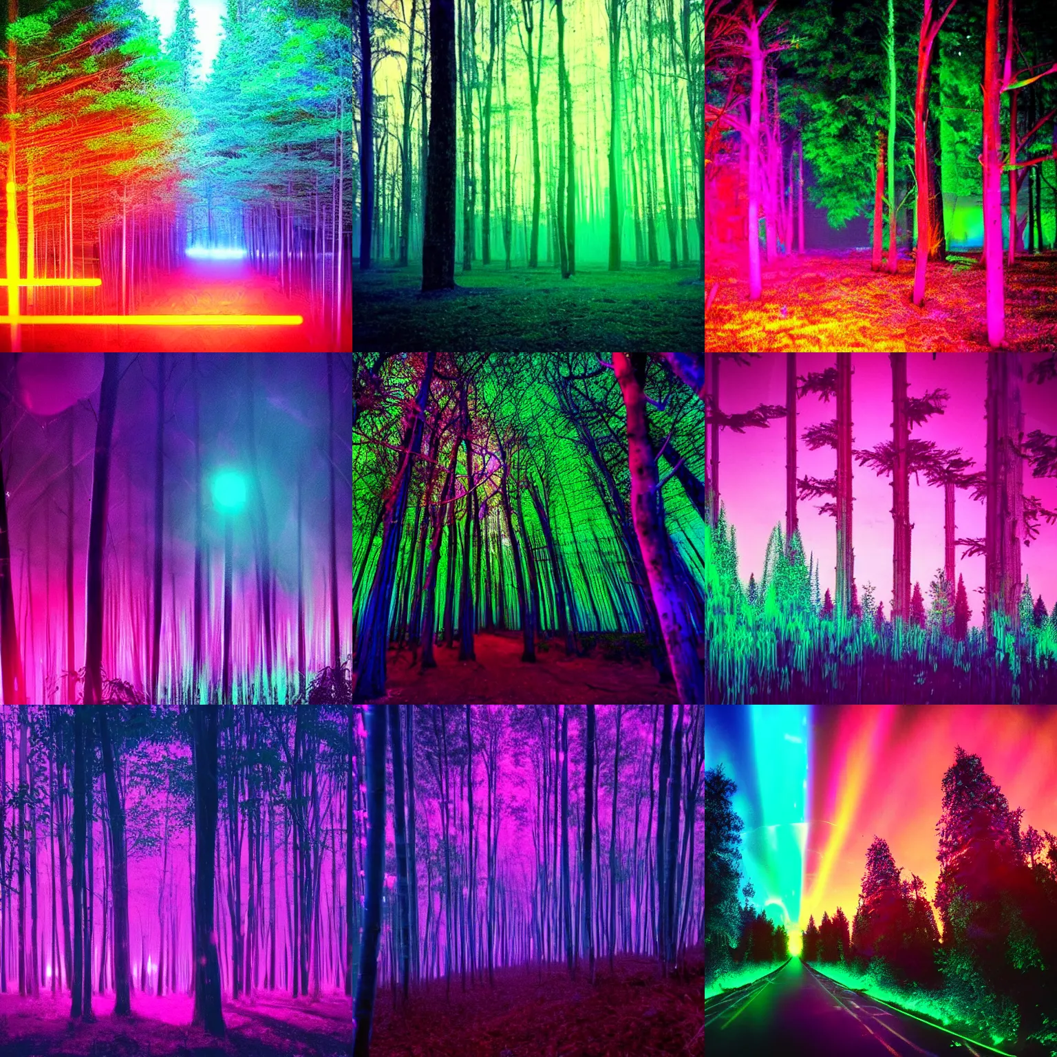Prompt: beautiful photo of a neon synthwave forest