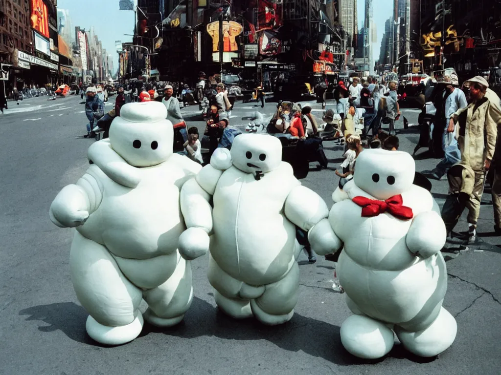 Prompt: 3 5 mm kodachrome colour photography of michelin man and stay - puft marshmallow man dancing in the streets of new york, sun and shadows, taken by harry gruyaert