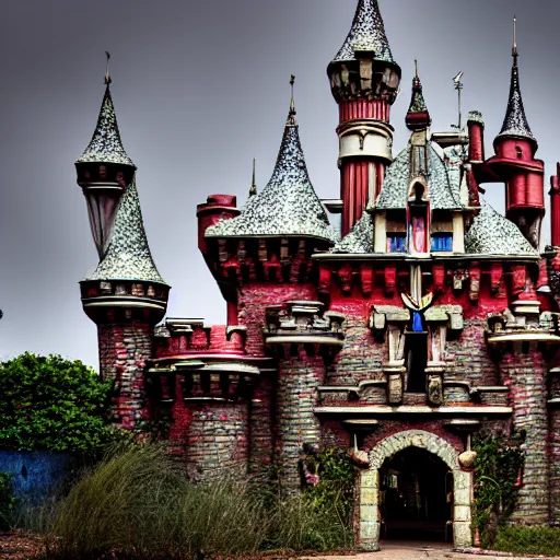 Image similar to Abandoned disneyland castle, with cobwebs and cracks, urban exploration, decaying, 24mm f/3.5