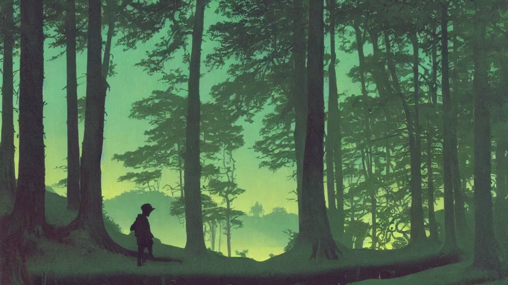 Prompt: silhouette of a boy in a hilly green blue fantasy redwood forest with ponds at dusk. perspective landscape fantasy. high contrast, strong shadows. deep colorful soft gradients, rich blue tones. by norman rockwell, johfra bosschart, and eyvind earle. artstation