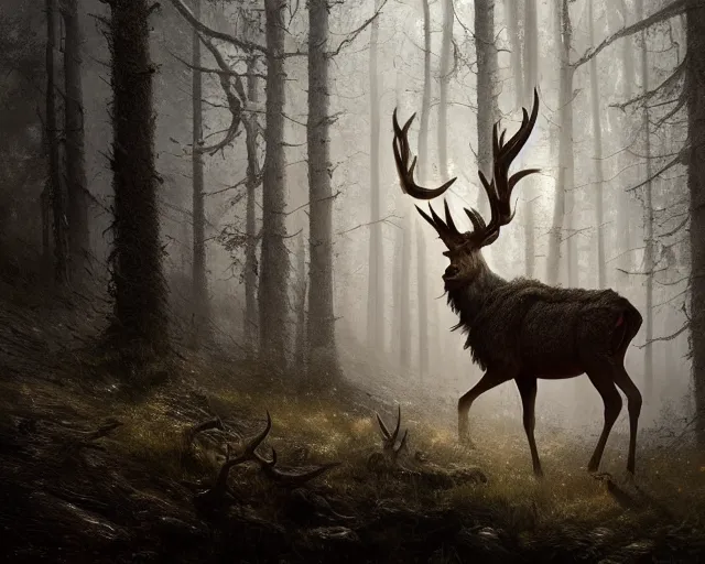 Image similar to 5 5 mm portrait photo of an armored demonic deer with antlers, in a magical forest looking at the camera. dark atmosphere. art by greg rutkowski. highly detailed 8 k. intricate. lifelike. soft light. nikon d 8 5 0.