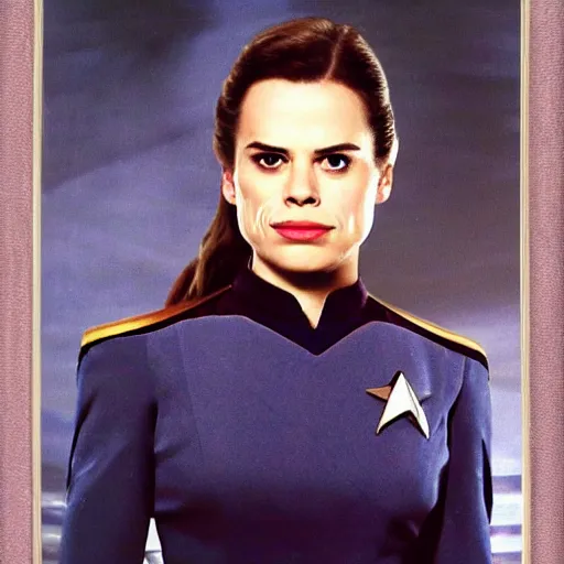 Image similar to a beautiful full body photograph of younger hayley atwell as a star fleet officer from star trek next generation, full dress uniform, symmetrical face, extreme realism and detail, 8 k, completely framed, direct lighting, 3 5 mm photo, photorealistic, sharp focus