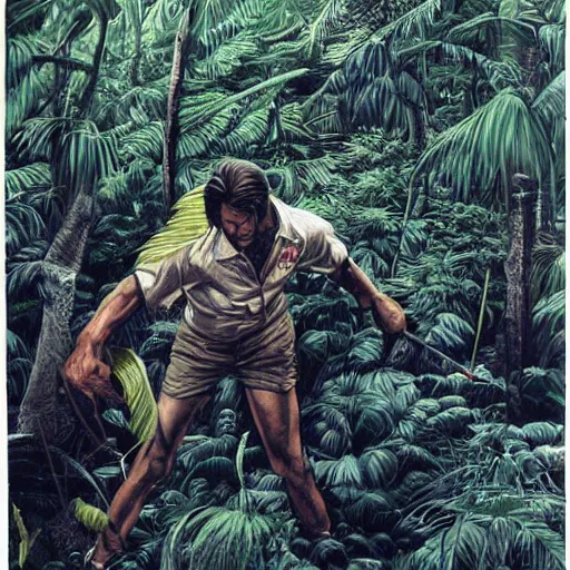 Prompt: Painting of Brad Pitt vs the Predator in a snowy jungle by Katsuhiro Otomo