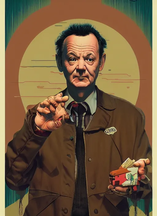 Image similar to poster artwork by Michael Whelan and Tomer Hanuka, Karol Bak Bill Murray the content judge, from scene from Twin Peaks, clean