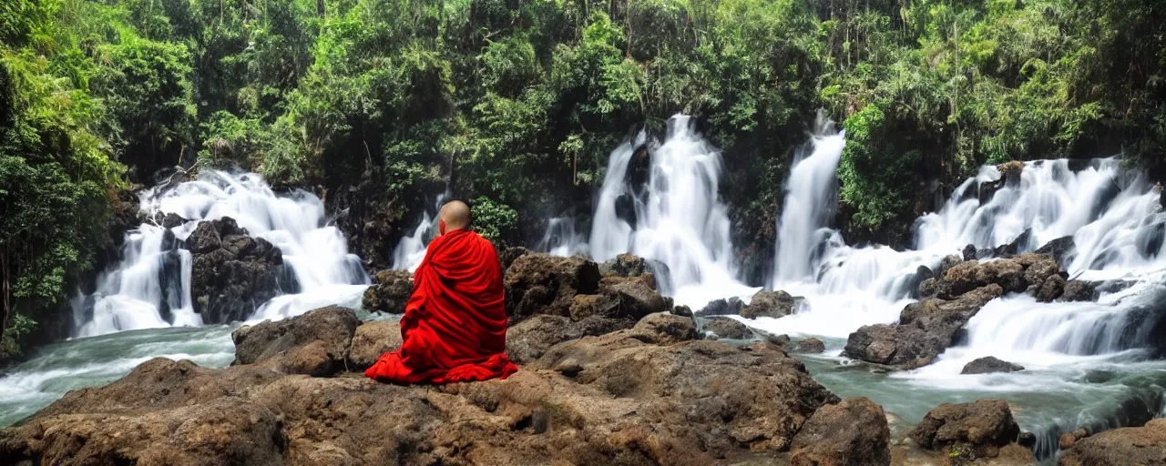 Prompt: a simply breathtaking shot of mediating monk at pongour falls in dalat, 7 layers waterfall, dang ngo