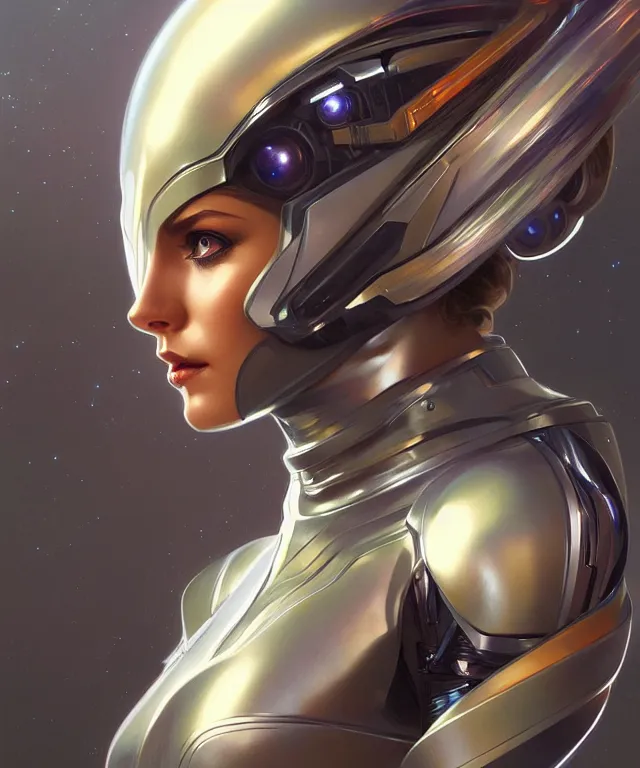 Prompt: futuristic spacesuit woman portrait, sci-fi, amber eyes, face, long hair, fantasy, intricate, elegant, highly detailed, digital painting, artstation, concept art, smooth, sharp focus, illustration, art by artgerm and greg rutkowski and alphonse mucha