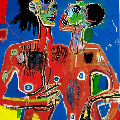 Image similar to expressive painting of two bizarre psychedelic femme creatures kissing each other closeup, speculative evolution, mixed media collage by basquiat and jackson pollock, magazine collage art