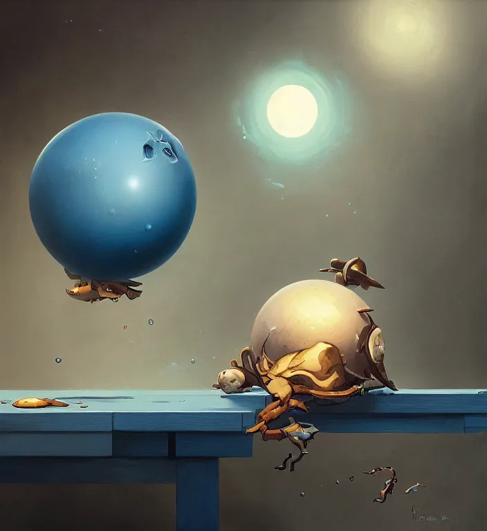 Prompt: a blue ball on a table, digital artwork by Peter Mohrbacher and Dan Mumford and Wlop