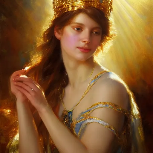 Image similar to a beautiful portrait of a sun goddess with a golden crown, sunlight beams, god rays, volumetric lighting, by daniel gerhartz, detailed, 8 k