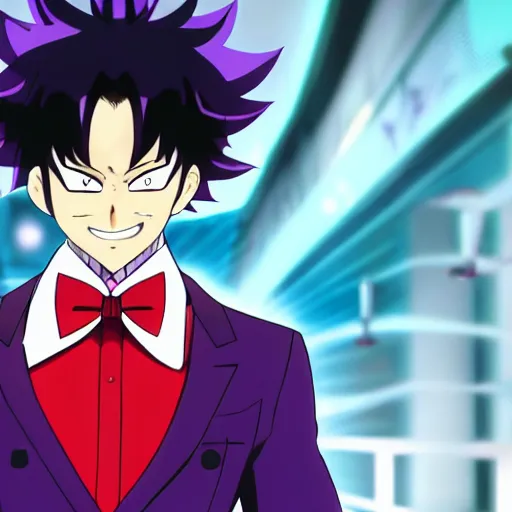 Prompt: a guy with black hair, wears a comedian purple suit and a red bowtie, anime character design key visual, Official media from My Hero Academia, sharp, 4k HD