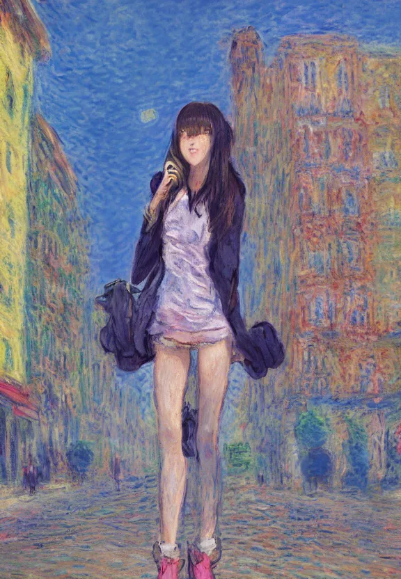 Image similar to wide angle portrait of a teenage girl, a thrifty outfit, very anime in impressionist style, city street view background, anime trending artwork, anime painter studio, by claude monet