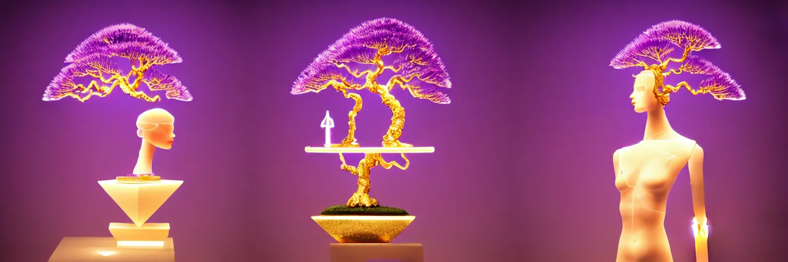 Image similar to beautiful mannequin sculpted out of amethyst by billelis + lit with geometric neon dripping gold + kintsugi, facing a doorway opening with neon pink geometric fractal light + flowering bonsai trees + lighting in background!!, transcendent, clean linework, dramatic, finely detailed, award winning, 4 k, trending on artstation, photorealistic, volumetric lighting, octane render