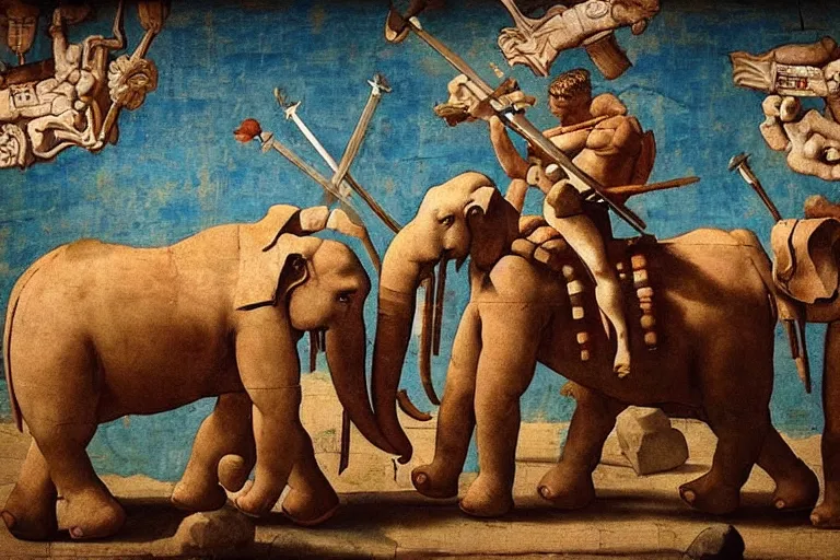 Prompt: “a Hellenistic painting of war elephants with missiles strapped to them, virtuoso, masterpiece, 8k, Michelangelo”