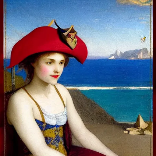 Image similar to A girl with jester hat and clothes on the front of a Balustrade with a beach on the background, major arcana cards, by paul delaroche, hyperrealistic 8k, very detailed