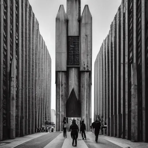 Image similar to exploring the streets of a megalopolis in the style of brutalist gothic architecture