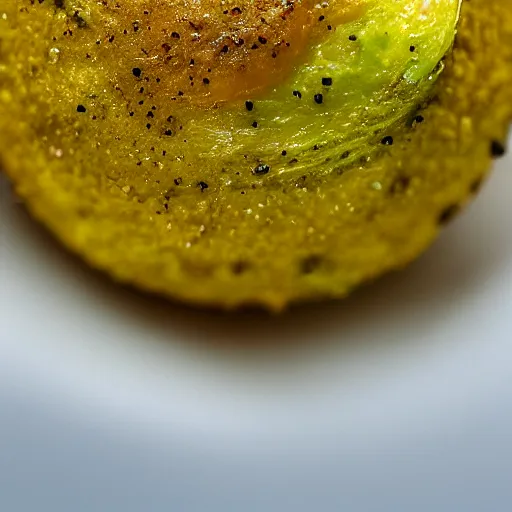 Image similar to close up high resolution photo of a mix between a fried egg and an avocado, very tasty, realistic, food photography, instagram, trending