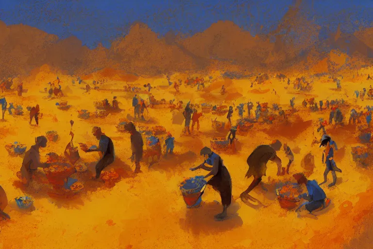Prompt: detailed digital painting of a crowd of jews in the desert harvesting manna, yellow orange and blue color scheme, by craig mullins and ross trann