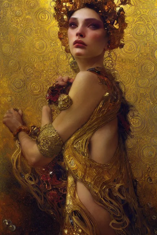 Image similar to an intricate artistic klimt golden motives and textures, hyper detailed, ornamental gold headpiece, octane render, vivid colors, artstation, by jeremy mann, by alphonse mucha, by boris vallejo