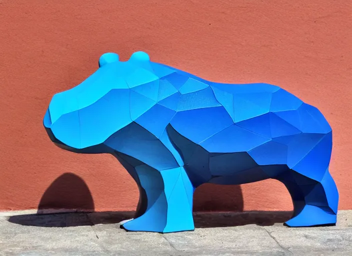 Prompt: a minimalist curvy shaped sculpture of hippopotamus! baby, bottom made half wood, top half blue translucid resin epoxy, cubic blocks stripes cuts, side view profile centered, studio, design, object