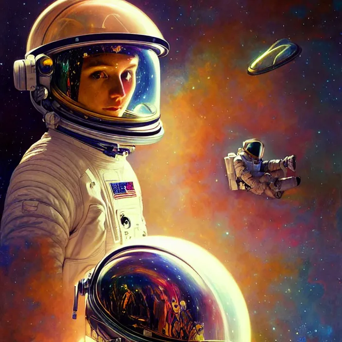 Image similar to astronaut with psychedelic reflections on helmet, diffuse lighting, fantasy, intricate, elegant, highly detailed, lifelike, photorealistic, digital painting, artstation, illustration, concept art, smooth, sharp focus, art by John Collier and Albert Aublet and Krenz Cushart and Artem Demura and Alphonse Mucha