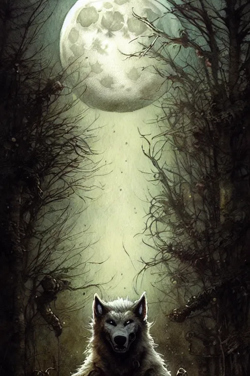 Image similar to werewolf and the full moon | esoteric symbolism | jean - baptiste monge, esao andrews, bastien lecouffe - deharme, tim jacobus, ken currie | ultra - detailed realism, soft cinematic lighting, hi - fructose, artstation, high - quality, ink watercolors wes anderson poster art