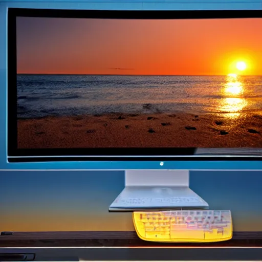 Prompt: desktop gaming pc on the beach near the sea, sunset, cinematic view, 8k, beautiful