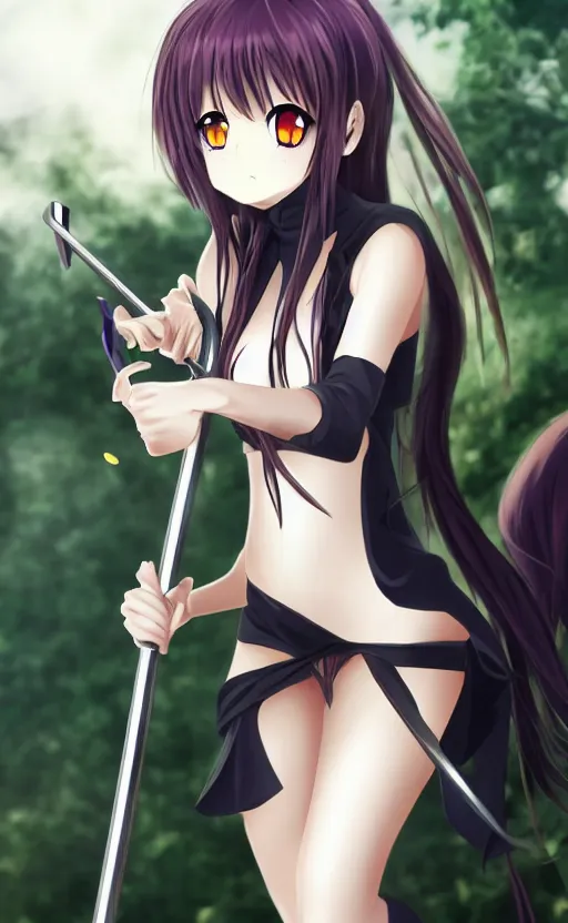 Image similar to a playful anime girl teasing you with her scythe, trending on pixiv, dark and eerie, highly detailed, sharp