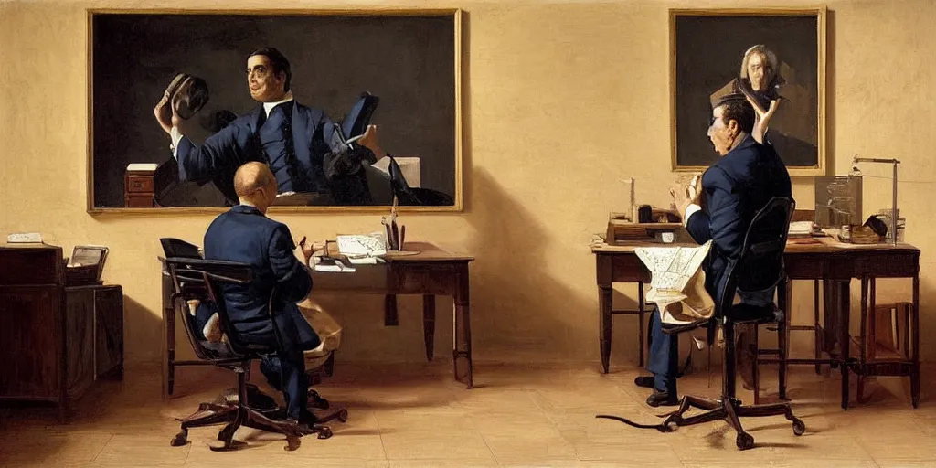 Image similar to beautiful oil matte portrait painting, man in a suit whsipering to a mafia boss sitting at his desk in his 5 0 s style office, wonderful masterpiece highly detailed, beautiful cinematic light deep focus, elegant, digital painting, smooth, sharp focus, golden ratio, dramatic illumination, ultra realistic, 8 k, art by artemisia lomi gentileschi and caravaggio