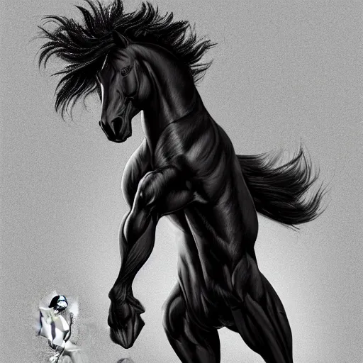 Image similar to an exaggeratedly muscular anthropomorphized black - coated horse with a magnificently muscular physique wearing tight kevlar outfit standing in a facility, long white mane, proportionally enormous arms, equine, anthro art, furaffinity, highly detailed, digital painting, artstation, concept art, illustration, art by artgerm, greg rutkowski, wlop