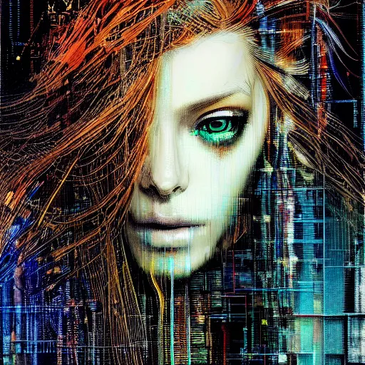 Prompt: hyperrealistic portrait of a mysterious cyberpunk woman with flowing hair, by Guy Denning, Johannes Itten, Russ Mills, beautiful, elusive, glitch art, beautiful eyes, detailed eyes, hacking effects, glitch effects, digital tech effects, cybernetics, detailed lines, intricate detail, holographic, chromatic, clear, color blocking, acrylic on canvas, octane, concept art, abstract, red face, front view, 8k, trending on cgsociety, trending on artstation