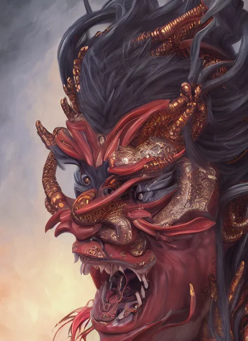 Prompt: a beautiful detailed oil on copper art illustration of a oni hannya mask shogun dragon devil woman, centered, by charlie bowater, zeng fanzh, trending on artstation, dim dusk lighting, cinematic lighting, detailed lighting, volumetric lighting, realistic, f 8, 4 k hd wallpaper