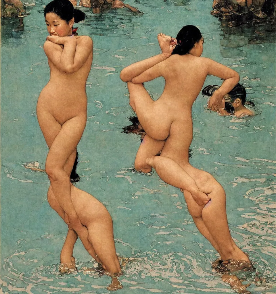 Image similar to a beautiful asian girl swimming by Norman Rockwell