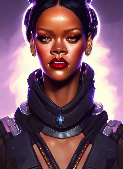 Image similar to portrait of apex legends rihanna, intricate, elegant, glowing lights, highly detailed, digital painting, artstation, glamor pose, concept art, smooth, sharp focus, illustration, art by artgerm and greg rutkowski, artey freytag