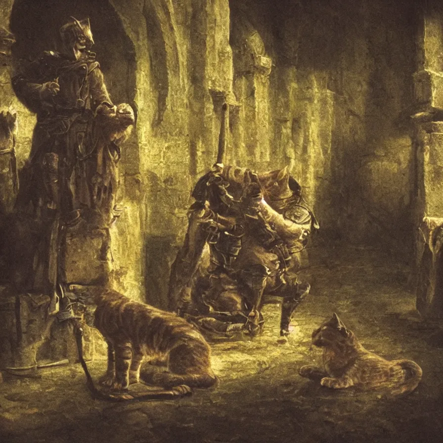 Prompt: dramatic shallow depth of field historically accurate film still of a cat purring for king alfred at the castle of westminster from a medieval cyberpunk film from the 8 9 0 s titled'king alfred and the western campaign ', photographed by denis villeneuve and ridley scott, colorful lighting high contrast, grainy hyperrealistic shocking detail trending on artstation 8 k