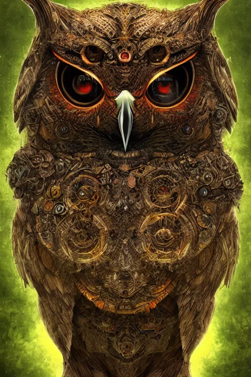 Image similar to humanoid figure owl faced monster, symmetrical, highly detailed, digital art, sharp focus, amber eyes, moss, trending on art station