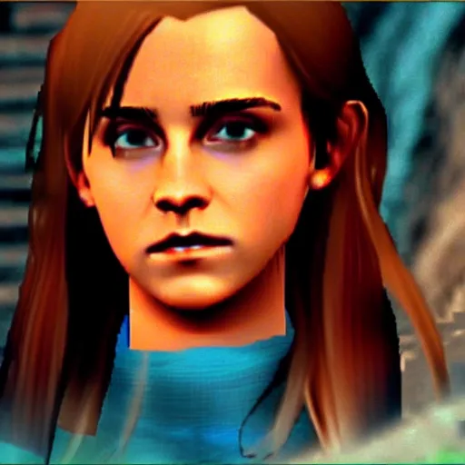 Prompt: Screenshot of Emma Watson in Descent (1995) video game,