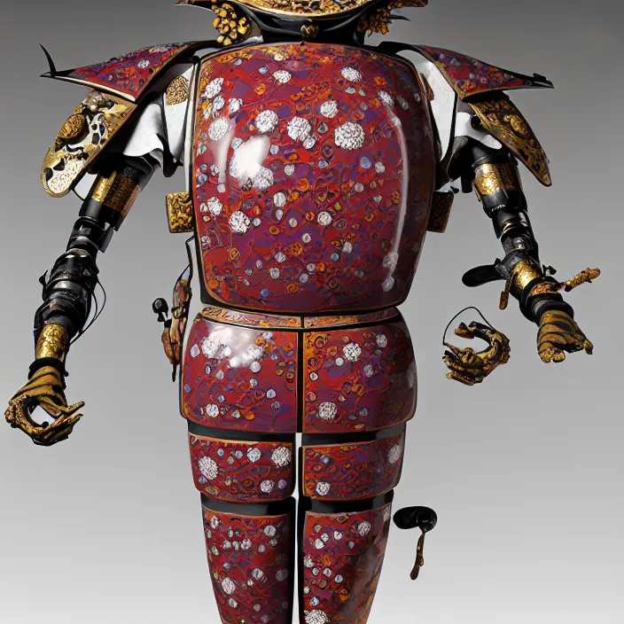 Prompt: ceramic cyborg, Kakiemon design with plums and stylized flowers in glaze and gilding Edo period 1670–1690, armor, diffuse lighting, fantasy, intricate, elegant, highly detailed, lifelike, photorealistic, digital painting, artstation, illustration, concept art, smooth, sharp focus, art by John Collier and Albert Aublet and Krenz Cushart and Artem Demura and Alphonse Mucha