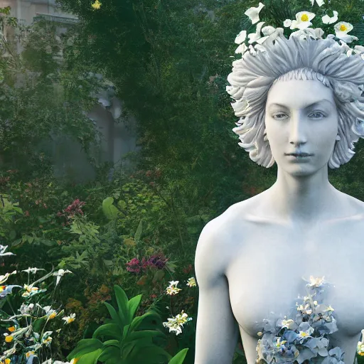 Image similar to an idealistic marble statue with flowery hair in a fractal garden, unreal engine, 8k render, beautiful, full frame,