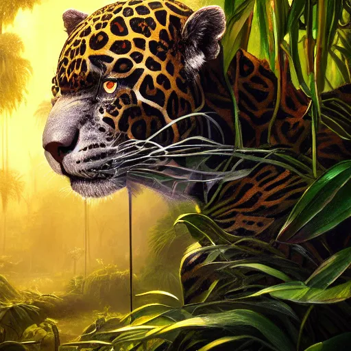 Image similar to jungle jaguar, hyperrealistic oil painting, super detailed, colorized, 4k, trending on Artstation, D&D, fantasy, raytracing, award winning, art by James C Christensen and Michael Hutter, spectacular lighting, octane rendered