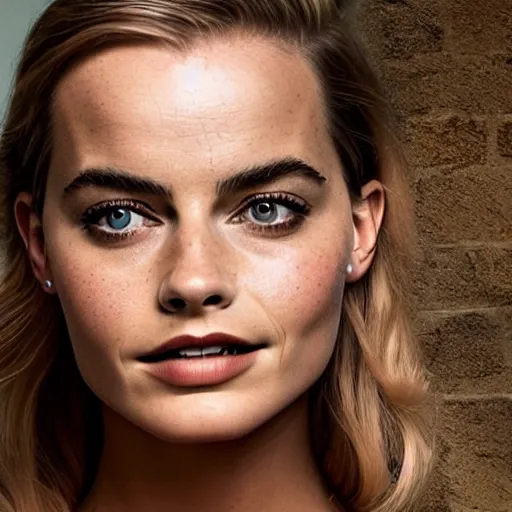 Image similar to a woman who is a genetic combination of margot robbie and emma watson face and upper - body focus