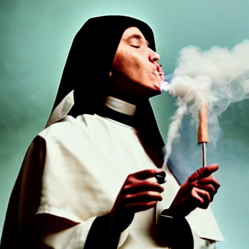 Image similar to a nun exhaling a huge smoke cloud from a cross shaped bong, film still, cinematic lighting