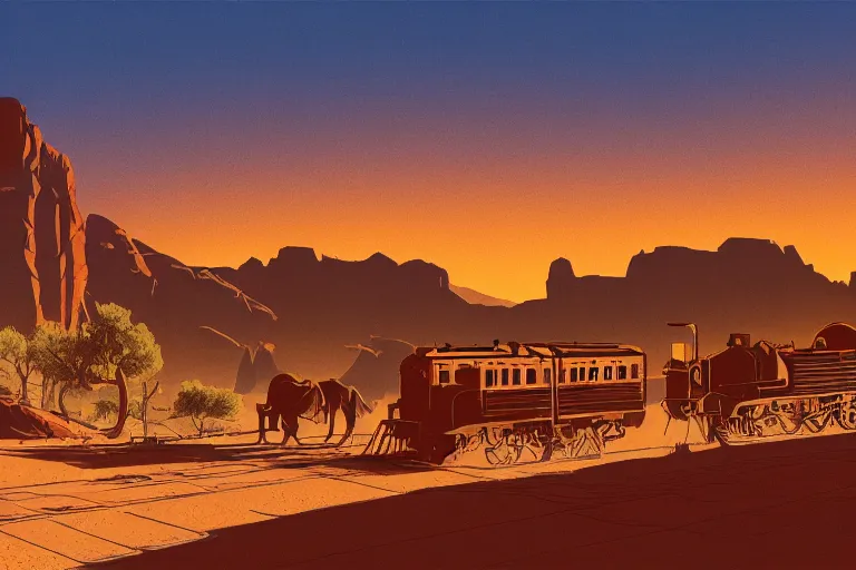 Image similar to idyllic old western train station illustration by syd mead, artstation, 4 k, graphic novel, concept art, matte painting, steam engine, beautiful mountain desert sunset background, golden hour