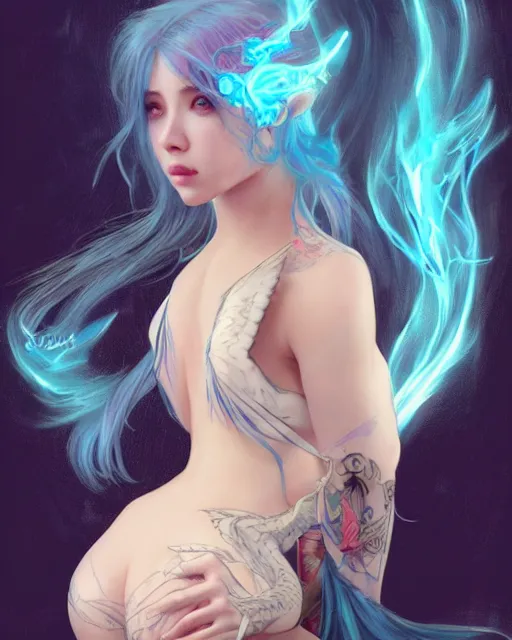 Image similar to stunningly beautiful female with a dragon back tattoo, blue hair, dj sura, laser lights, sharp focus, digital painting, 8 k, concept art, art by wlop, artgerm, greg rutkowski and alphonse mucha