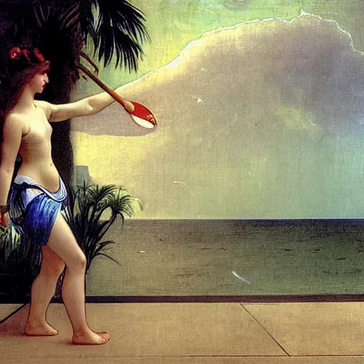 Image similar to Girl throwing gand signs at the palace, thunderstorm, pool, beach and palm trees on the background major arcana sky, by paul delaroche, alphonse mucha and arnold böcklin arnold böcklin hyperrealistic 8k, very detailed